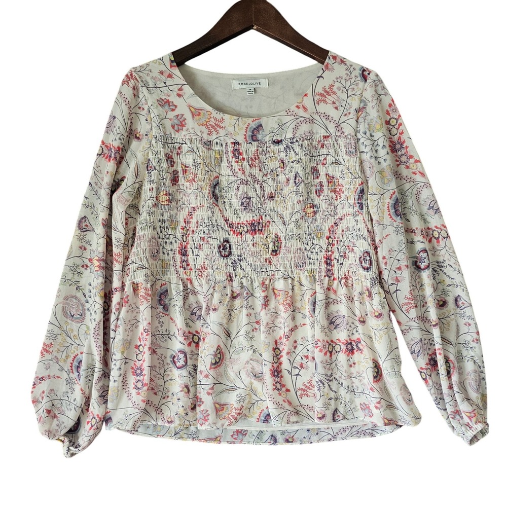 Rose + Olive Floral‎ Smocked Blouse Top Long Sleeve Women's Size M